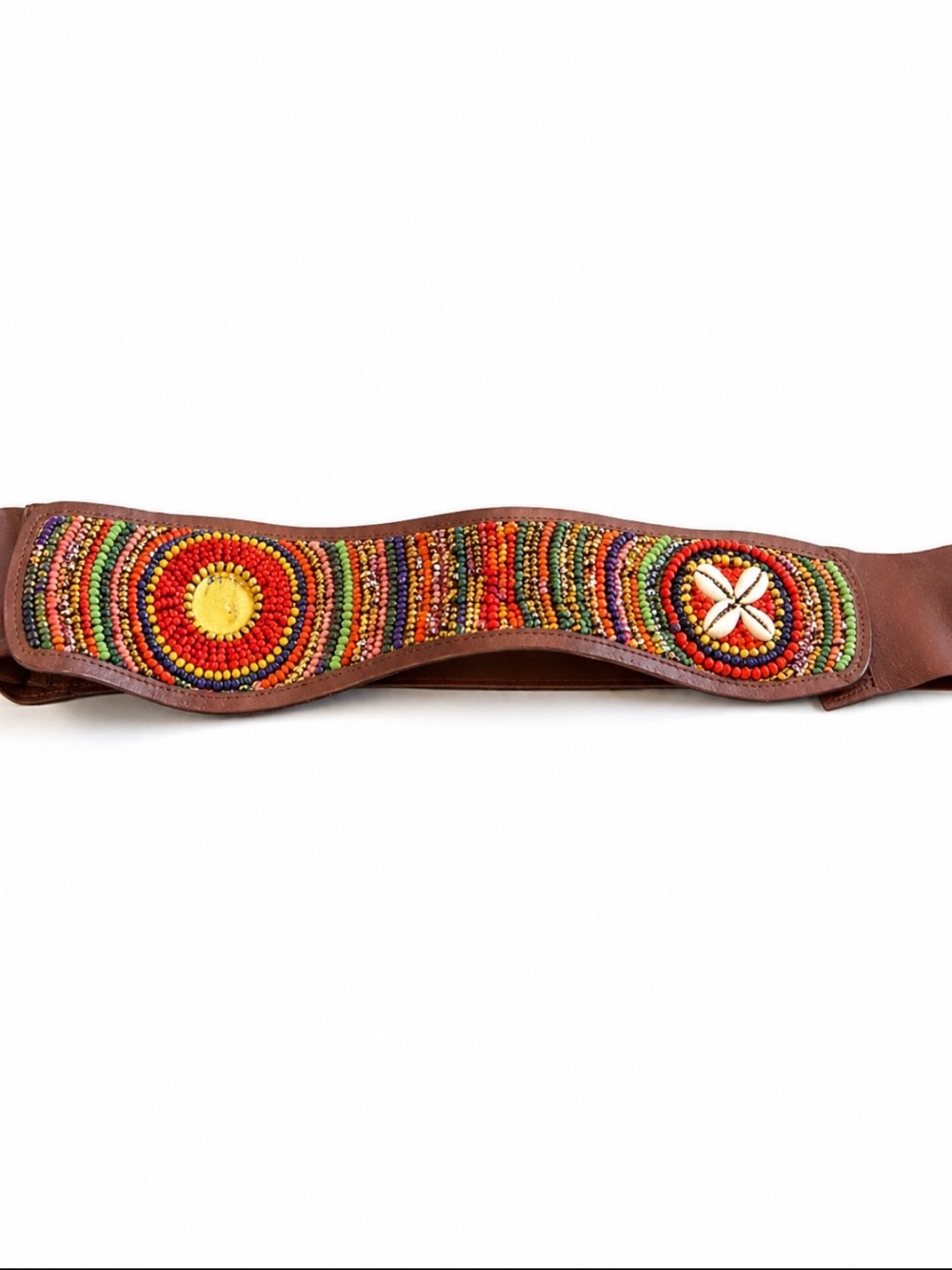 Chico’s Genuine Leather Beaded Belt Boho Multicolor Shell Accent Wide Stretch